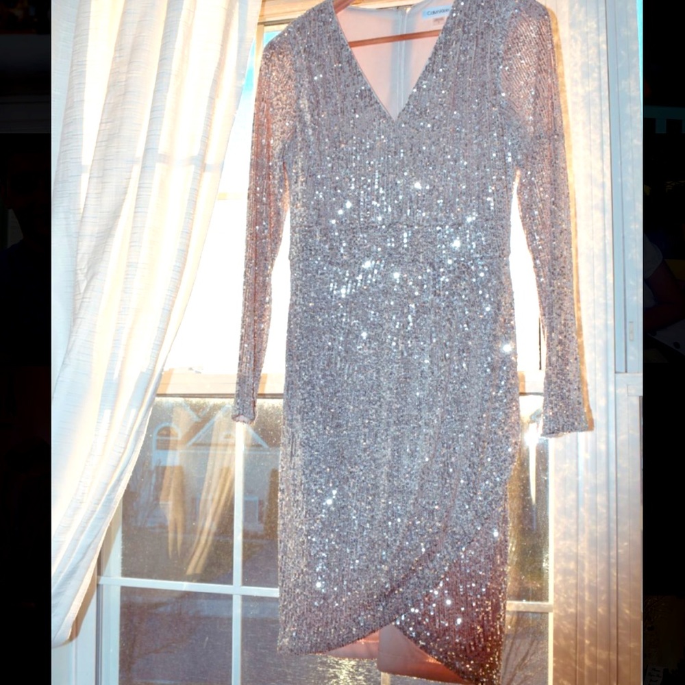 Calvin Klein Silver Sequin Long Sleeve Dress